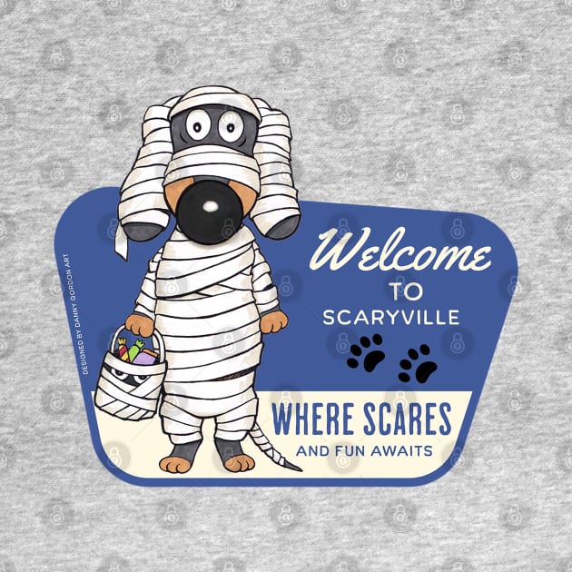 Cute Mummy Dachshund Dog in Doxieville for scare and fun by Danny Gordon Art